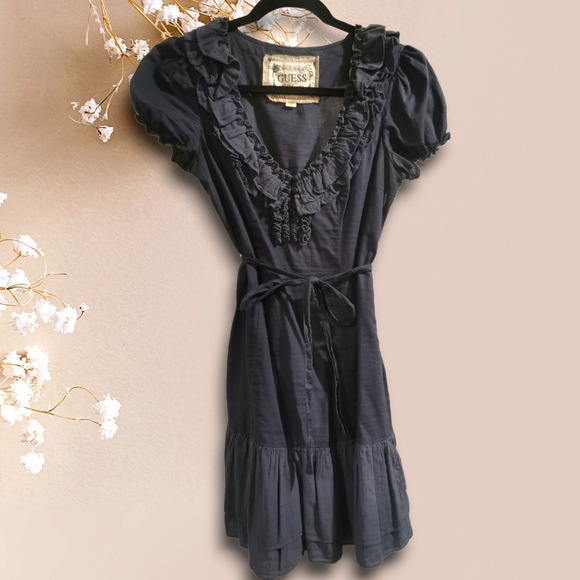 GUESS navy woven cotton ruffle A-line dress XS - Picture 1 of 3